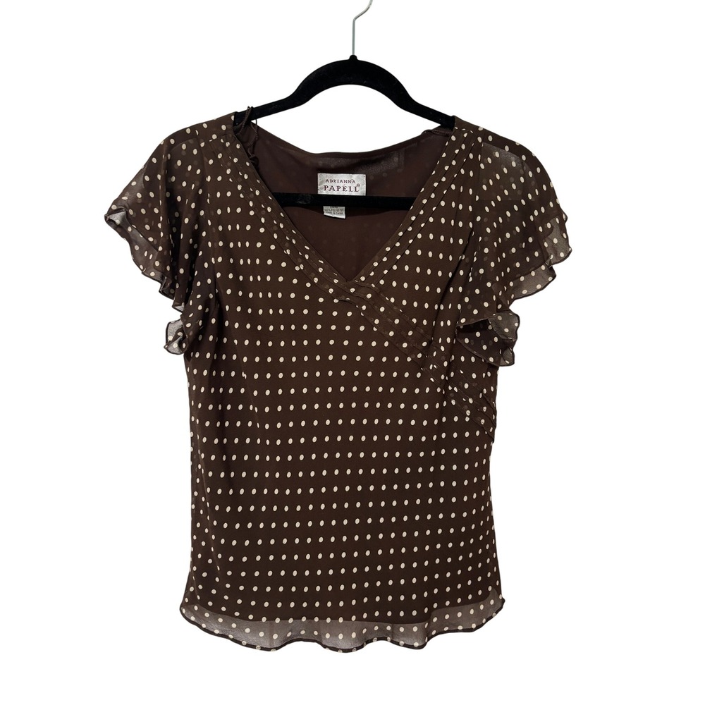 Adrianna Papell Brown Silk Polka Dot Ruffle Sleeve V-Neck Blouse Size 12
